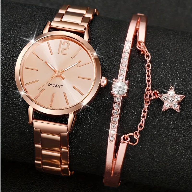 2pcs/set Women's Luxury Rose Golden Quartz Watch Business Fashion Analog Wrist Watch & Star Bangle, Gift For Mom Her