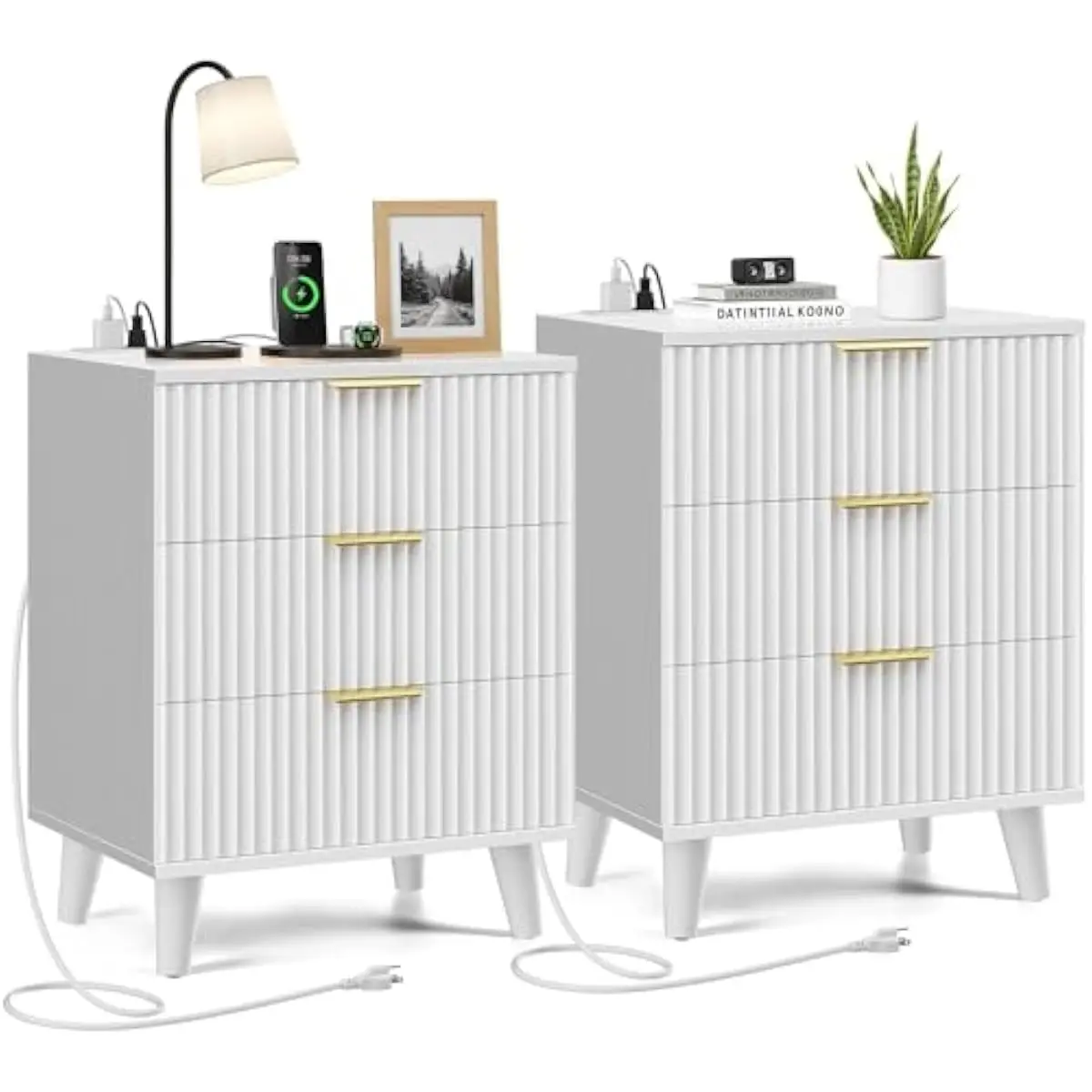 White fluted nightstand duo 15.7x19.7x26.3 in with triple soft-close drawers USB AC charging ports waterproof laminate MDF frame