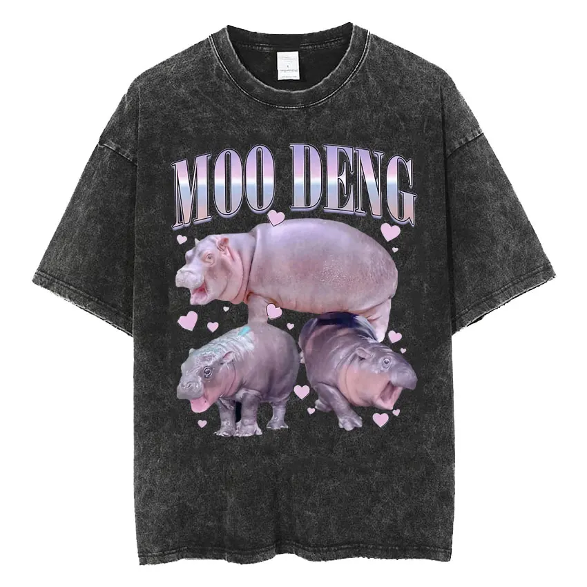 Moo Deng Pink Love Funny Cute Hippo Family T Shirt Men Fashion Harajuku Oversized T-shirt Unisex Summer Vintage Washed T-shirts