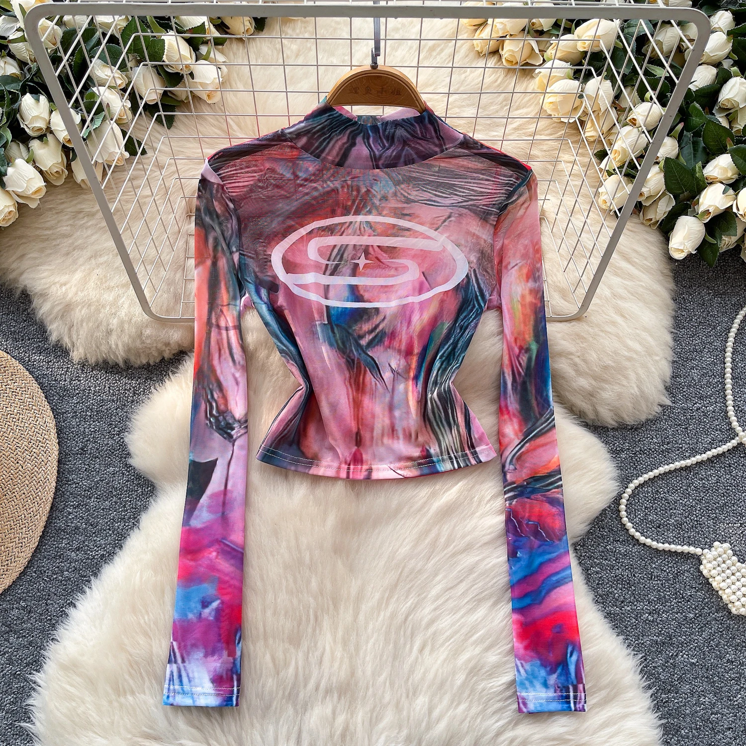 Frauen High Neck Print Shirts Bluse Y2K Ins Chic Tops Tees Winter Herbst Party Nacht Club Tees Sexy Streetwear Vintage Pullover