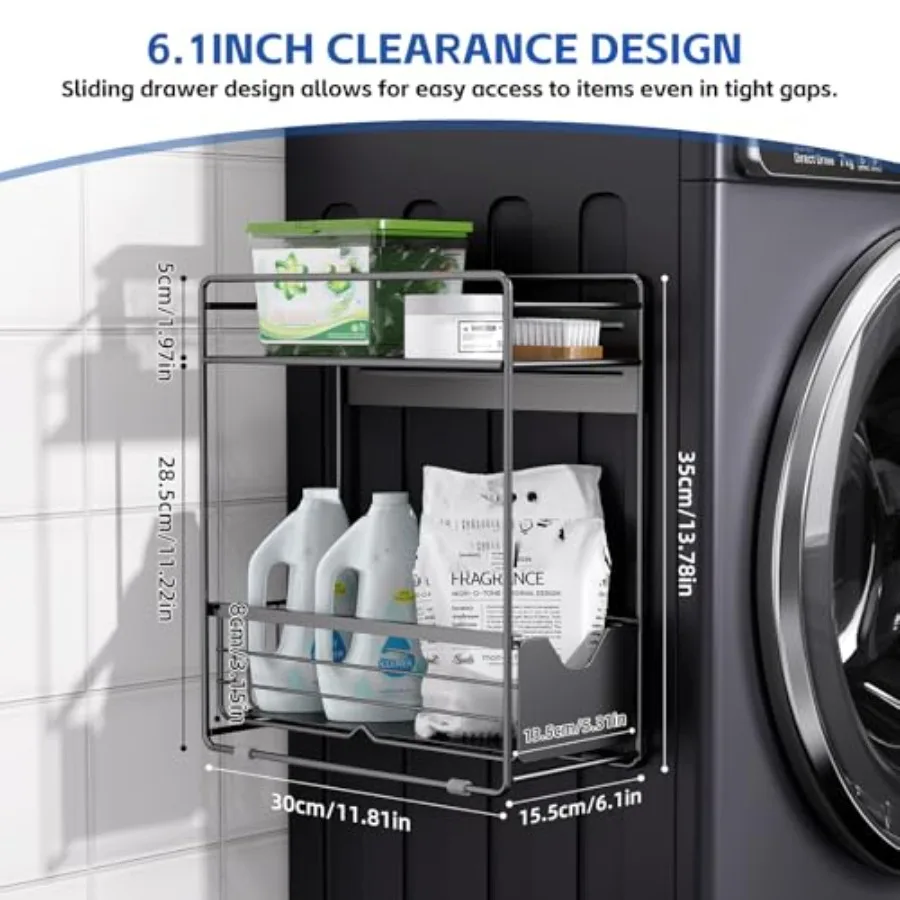 2 Tier Magnetic Shelves for Washing Machine with Pull Out Metal DrawerMagnetic Spice Rack for Fridge Magnetic Rack with no Inst