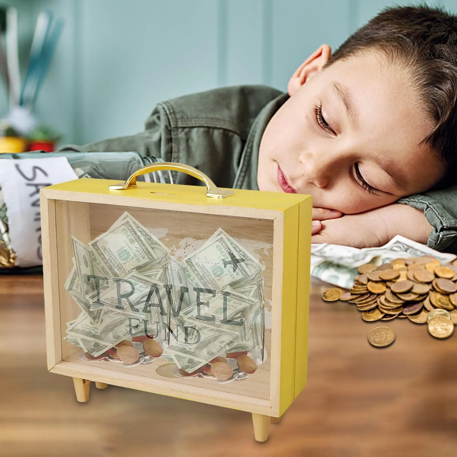 Money Saving Jar Travel Fund Piggy Bank Wooden Suitcase Bank Counting Money Jar Funny Money Bank Desktop Decor for House Warming