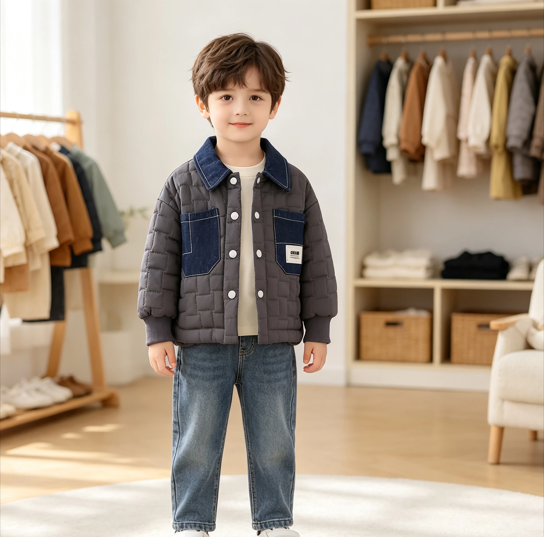Boys' Cotton Clothing 2026 Autumn Winter New Children's Denim Collar Quilted Cotton Top Boys' Cotton Coat Outerwear Trend