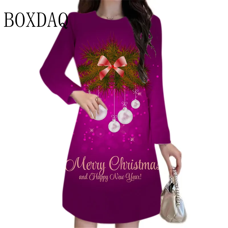 New Year 2024 Merry Christmas Party Dresses Winter Women Long Sleeve Festival Letter Print Dress Fashion Loose A-Line Mini Dress