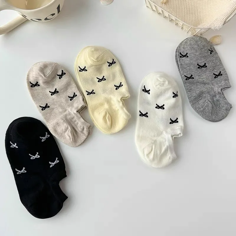 SP&CITY Summer Bow Printed Invisible Socks Women's Breathable Non Slip Cotton Boat Socks Korean Sweet Shallow Mouth Short Socks