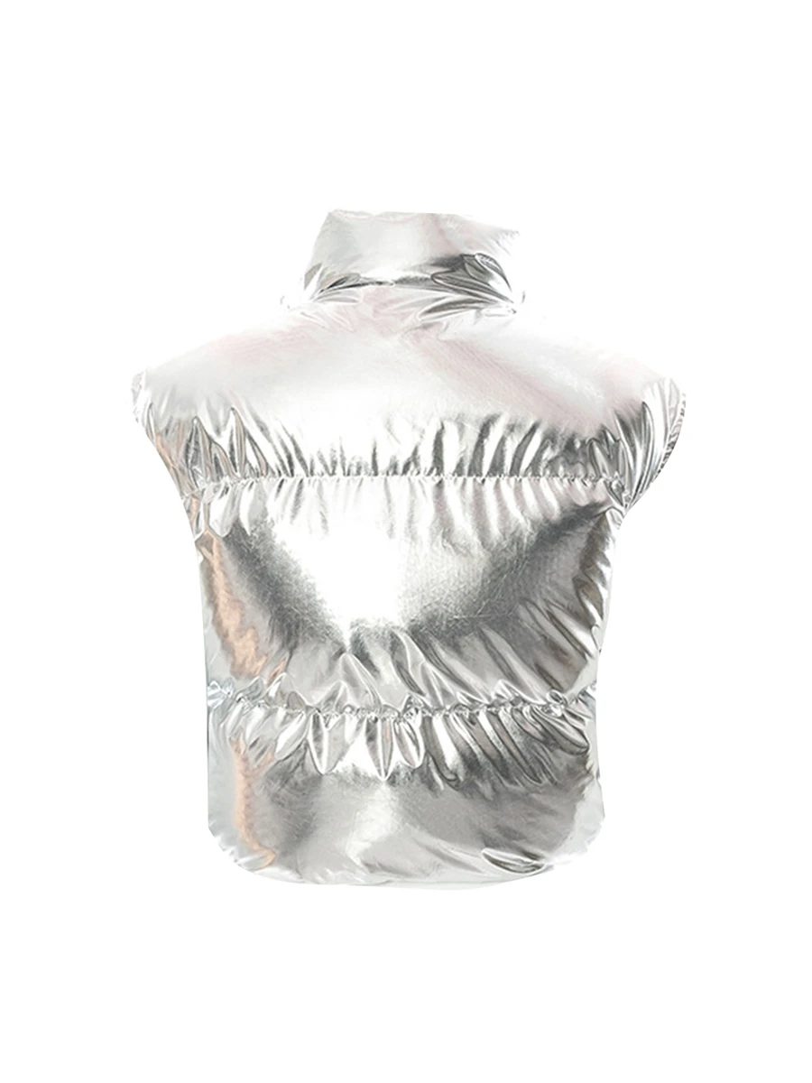 Women s Cropped Puffer Vest Winter Metallic Silver Stand-Collar Button Down Sleeveless Jacket Waistcoat for Outdoor