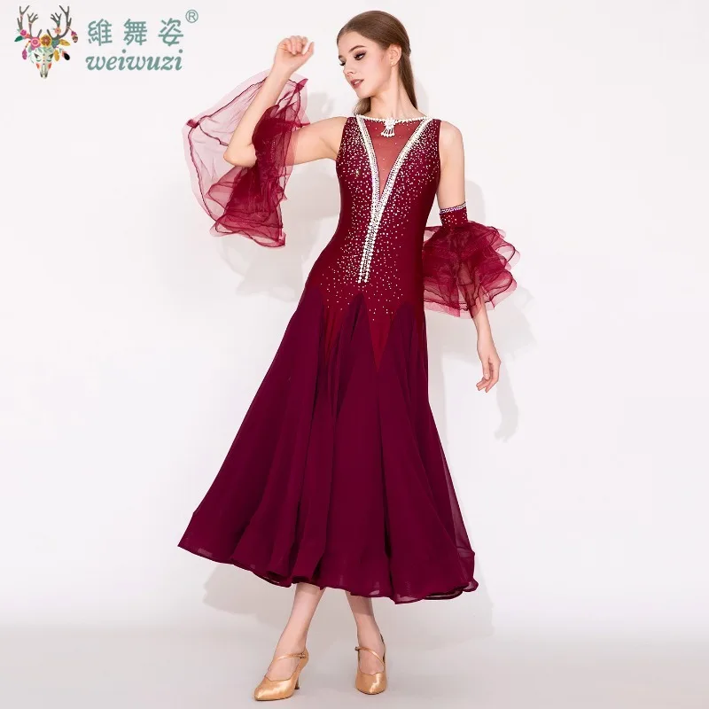Traje de desempenho de dança moderna high-end luxo borgonha sem costas vestido adulto salão valsa dança competição roupas