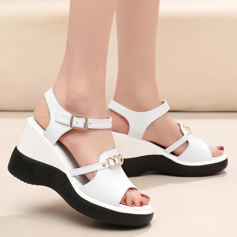 

Women's Sandals Summer 2025 Platform Rome Fish Mouth Metal Wedges Heel Women Shoes Offers Dress Peep Toe Black and White Shoes