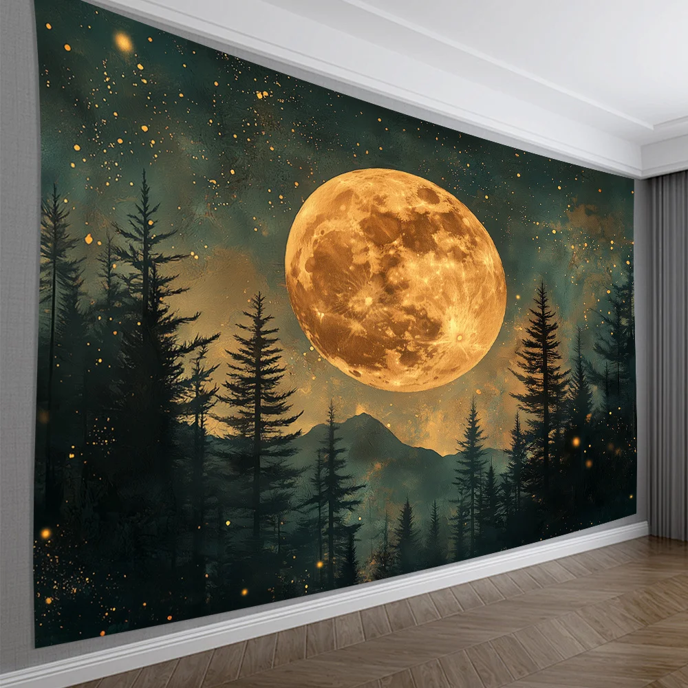 

A Moonlit Forest Tapestry: Transform Your Space with This Stunning Wall Art Featuring a Full Moon Rising Over Silhouetted