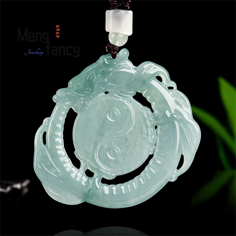 

Natural A-grade Jadeite BlueWater Dragon Plate Tai Chi Zodiac Dragon Ice Type Jade Pendant Luxury Fashion Jewelry Holiday Gifts