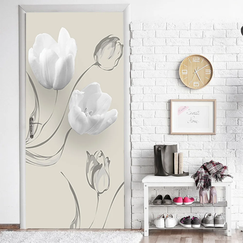 Elegant 3D White Peony Entrance Door Sticker Wardrobe Decorative Self-adhesive Bathroom Renovation Door Art Sticker