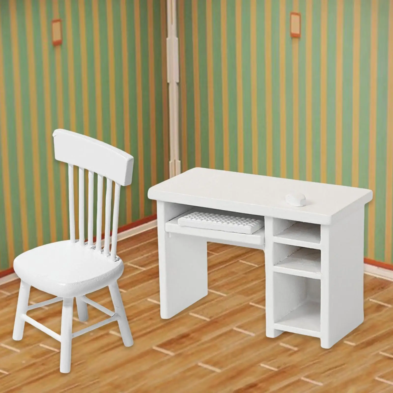 

1/12 мини-компьютерный стол и стул, мебель для кукольного домика с клавиатурой и мышью, окрашенные современные игрушечные украшения, сделай сам, сцены, изготовленные