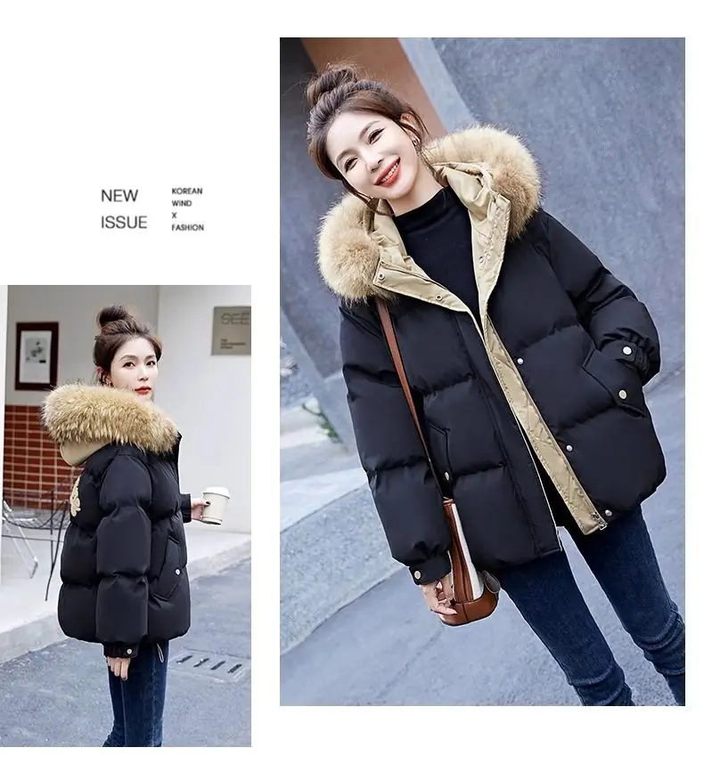 Down Cotton Jacket For Women Short Thickened 2026 Winter New Big Fur Collar Loose Cotton Coat Women's Warm Hooded Jackets Parker