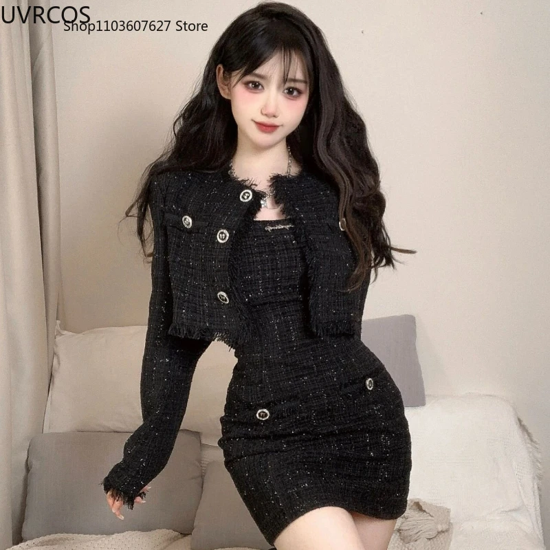 Black Korean Style Retro Elegant Two Piece Set Women Fashion Tassels Short Jackets Casual Strap Party Mini Dress Female Y2k Suit