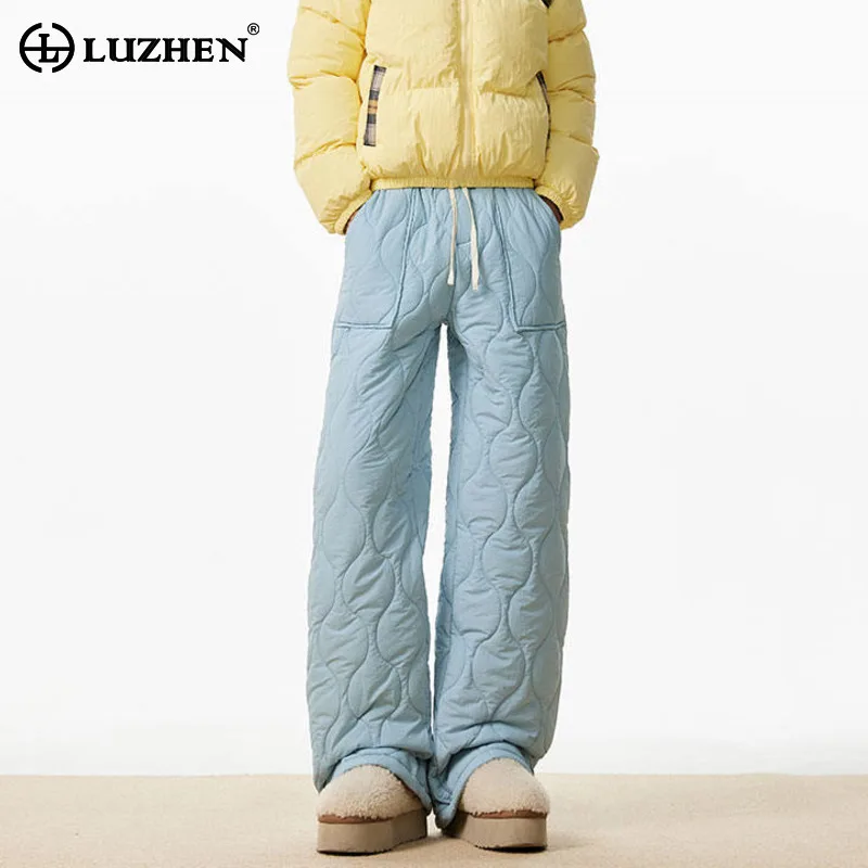 LUZHEN العصرية بلون تنقش مرونة الخصر الرباط مستقيم مبطن بنطلون الرجال 2025 جديد وسيم سراويل تقليدية JY4913