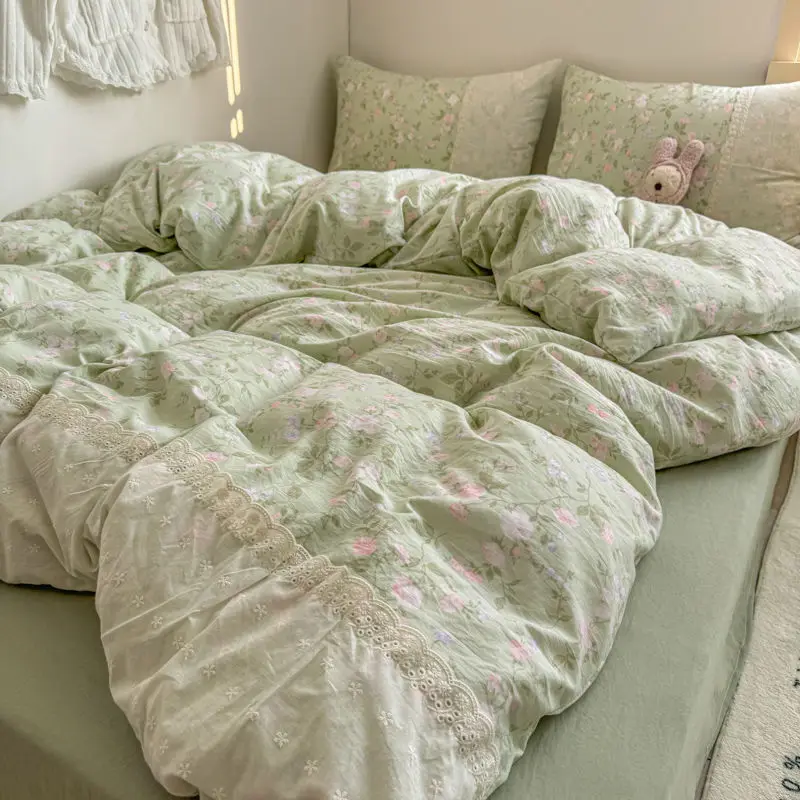 

INS French Style Fresh Floral Lace Trim Four-Piece Set Washed Cloud Cotton Quilt Cover Bed Sheet Dormitory Bed Sheet Sets