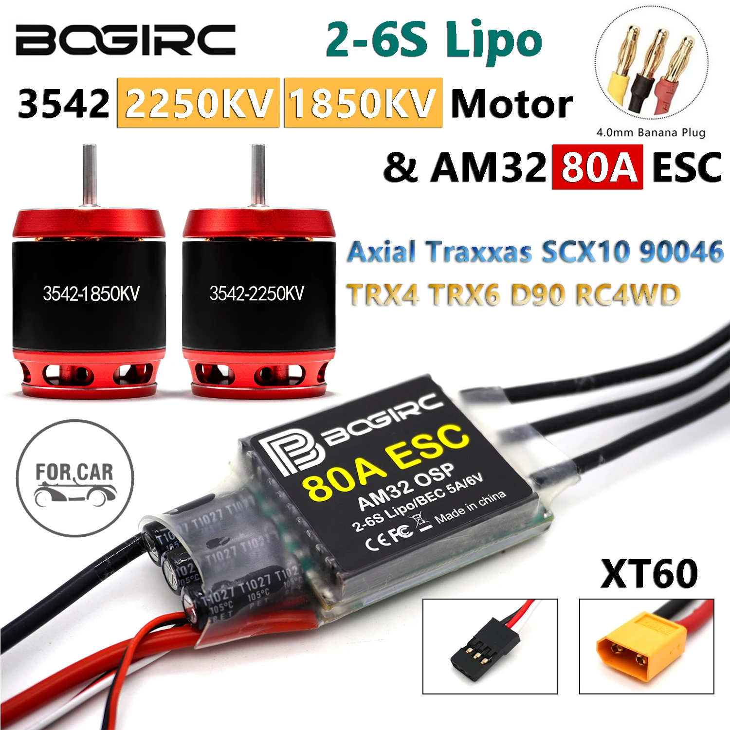

Бесщеточный комбинированный двигатель BOGIRC 3542 2250KV 1850KV и AM32 80A ESC 2-6S для осевых гусеничных автомобилей Traxxas SCX10 TRX4 TRX6 D90 RC4WD
