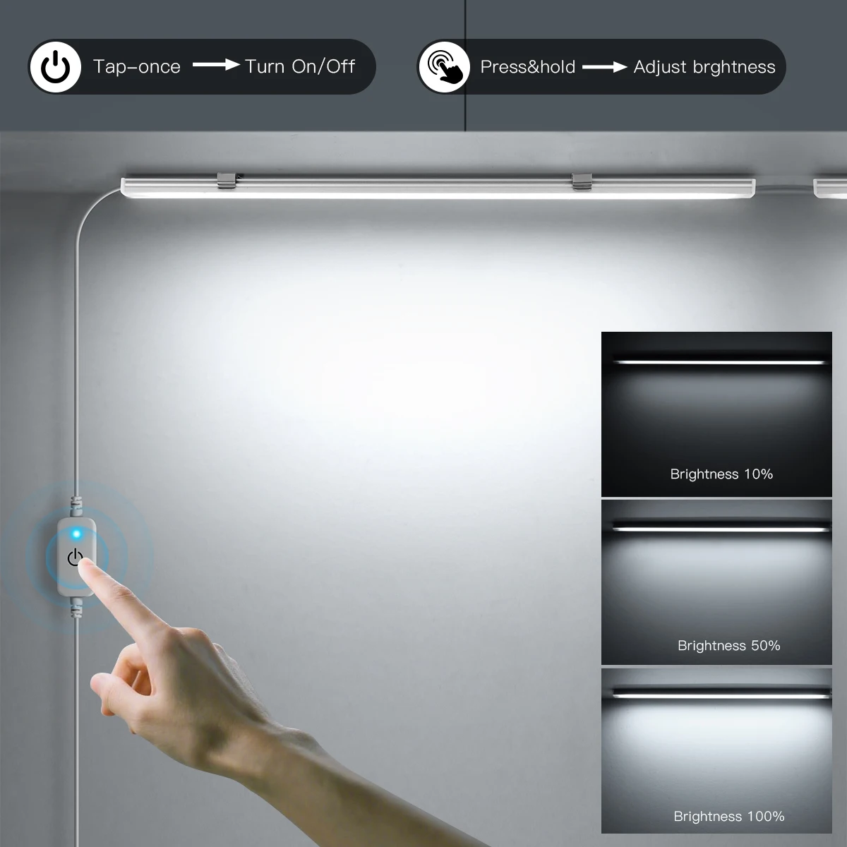 5V USB Cabinet Light Stepless Dimming Touch Switch 30cm LED Tube Night Lighting for Kitchen Wardrobe Work Room Shoe Closet