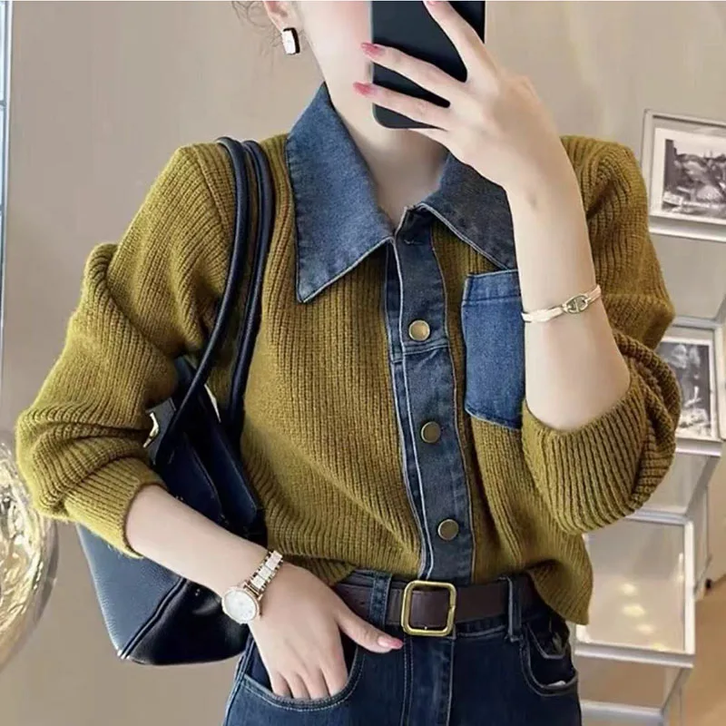 Spring Autumn Cardigan Jacket Denim Jacket Short Black Stitching Cut women's Denim Jacket Knitting 2024 Unique Design New Series