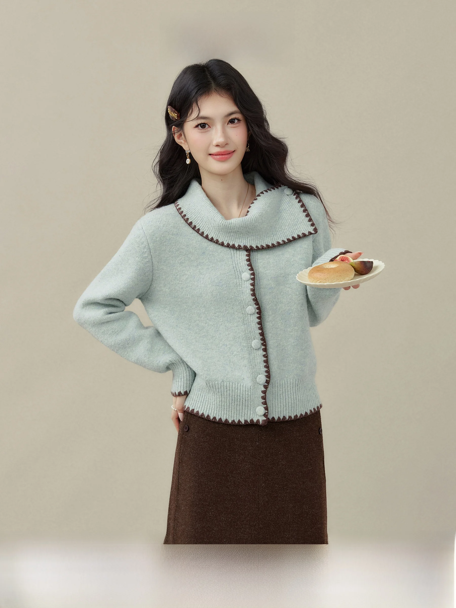 

Blue Scarf Collar Knitted Sweater Coat Women's Autumn Winter f High Collar Knit Open Cardigan Top by Wang OuXin