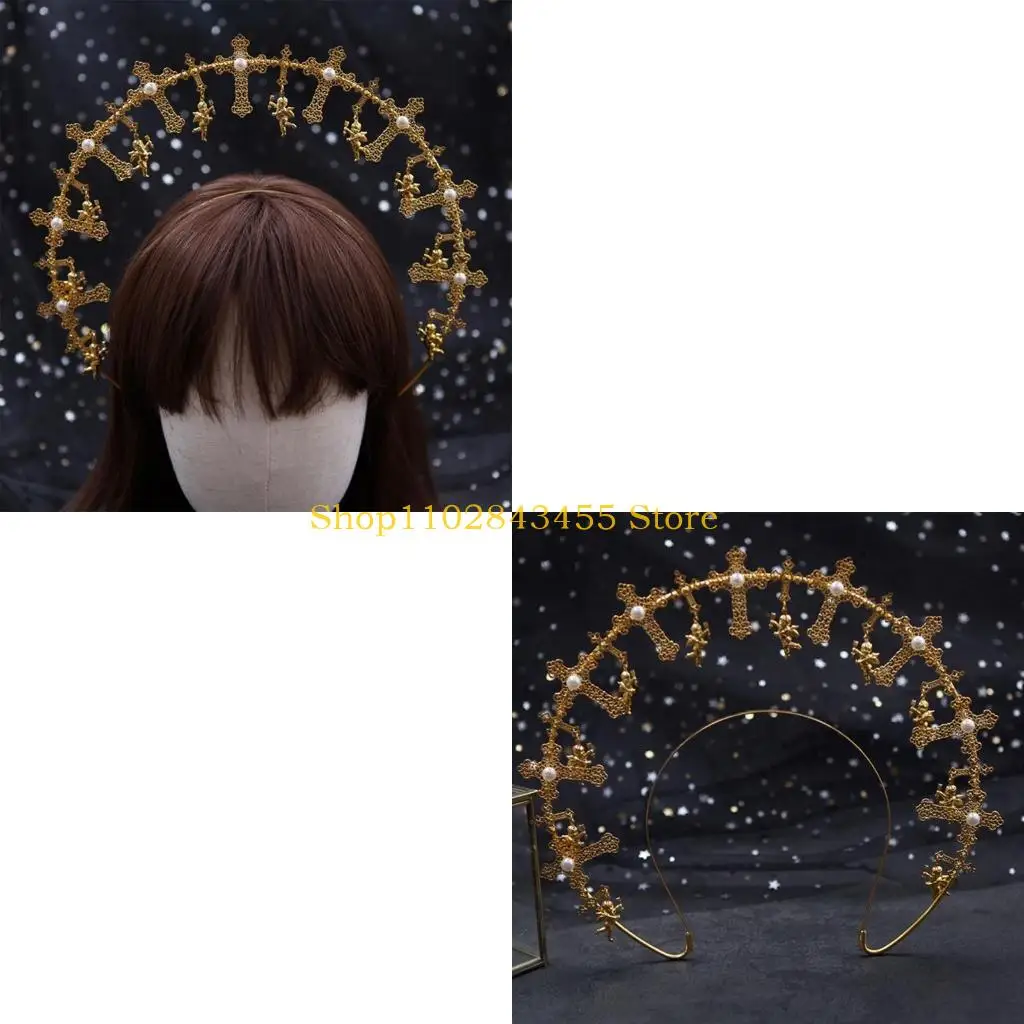 

49MC Tassels Crown Headband for Women VirginMary Wedding Headband SunGoddess Hairband Baroque Tiaras Crowns Party Headdress