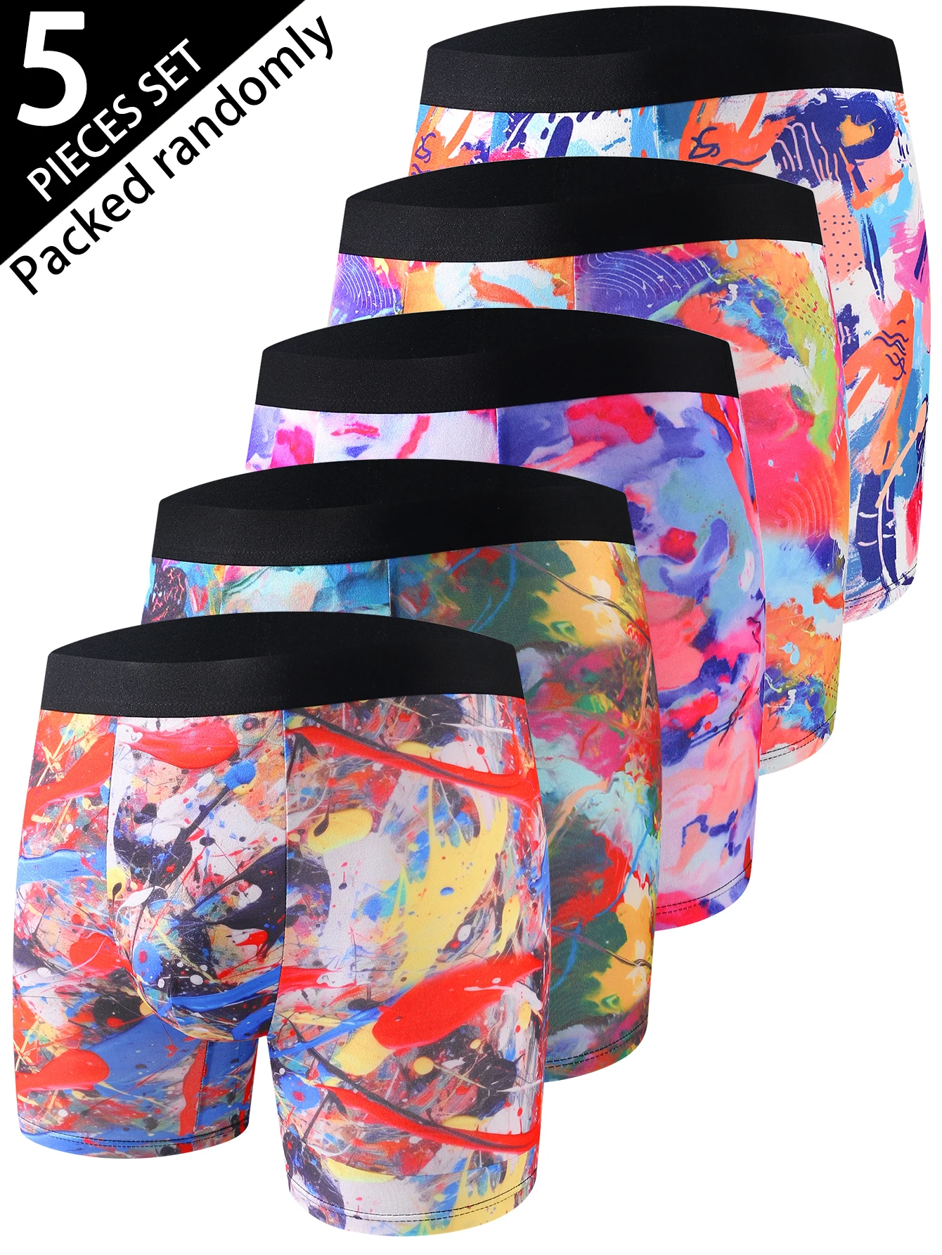 5-Pack Men's Graphic Print Boxer Briefs Colorful Doodle Patterns Soft Elastic Thin Style Comfortable Men's Underwear Shorts