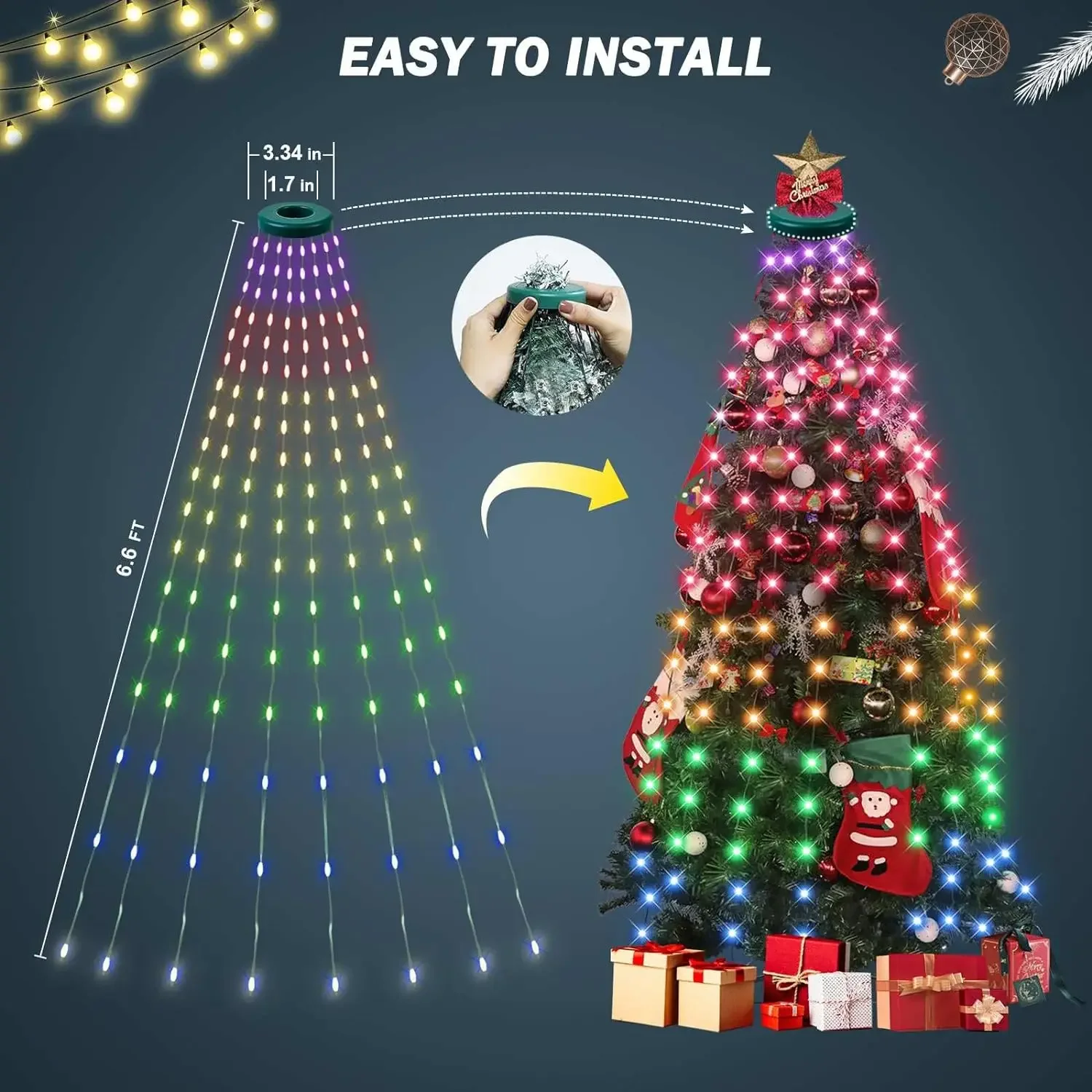 Imagem -06 - Led Árvore de Natal Pentagram Luz String Faça Você Mesmo Cachoeira Árvore Fada Luz Smart App e Controle Remoto Xmas Garland Decorações