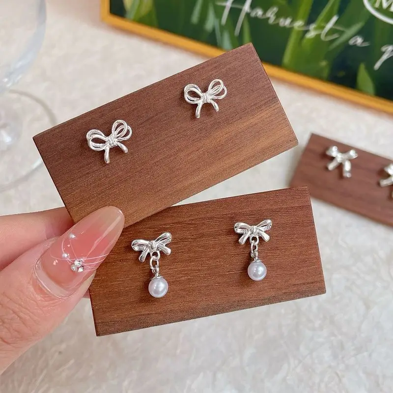 Stylish Delicate Sterling Silver Bow Earrings for Women with Sweet Small Tassel Pendants Perfect for Newly Pierced Ears Simple a