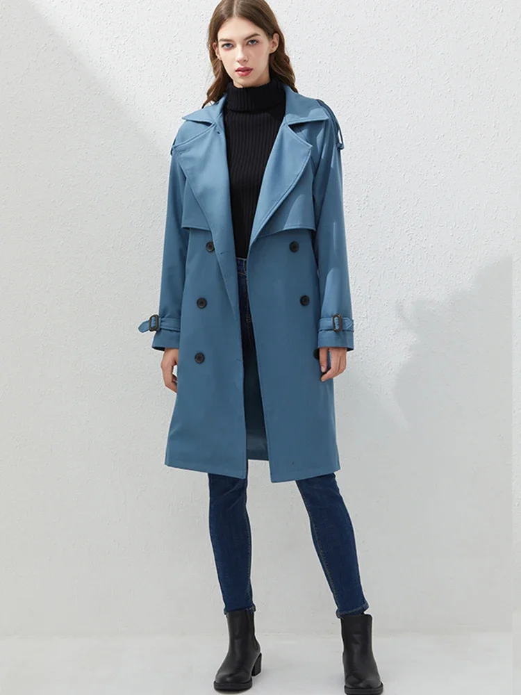 FTLZZ Autumn Winter Elegant Women Lapel Double Breasted Midi Coat Casual Lady Blue Windbreaker Jacket with Belt