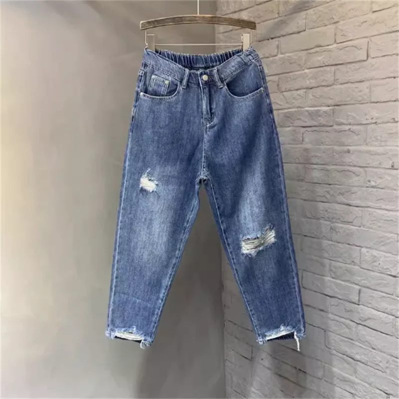 

Spring and autumn oversized high-waisted ripped jeans for men and women loose-slimming everything with Harlan nine-point pants