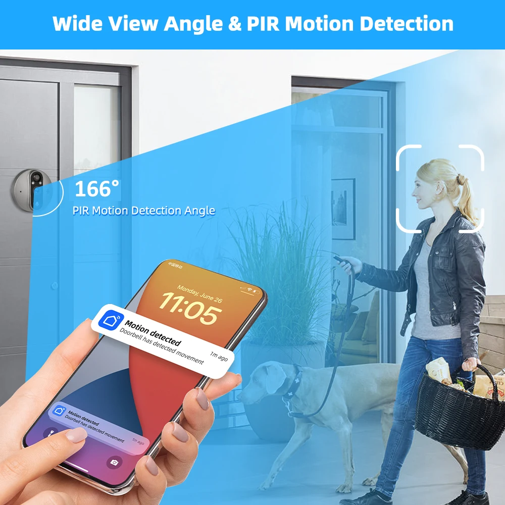 3MP Tuya Smart Peephole avec caméra infrarouge, interphone vidéo, caméras de porte, sécurité à domicile, sonnette, œil de porte, WiFi 2.4G, 5000mAh, Alexa, Google