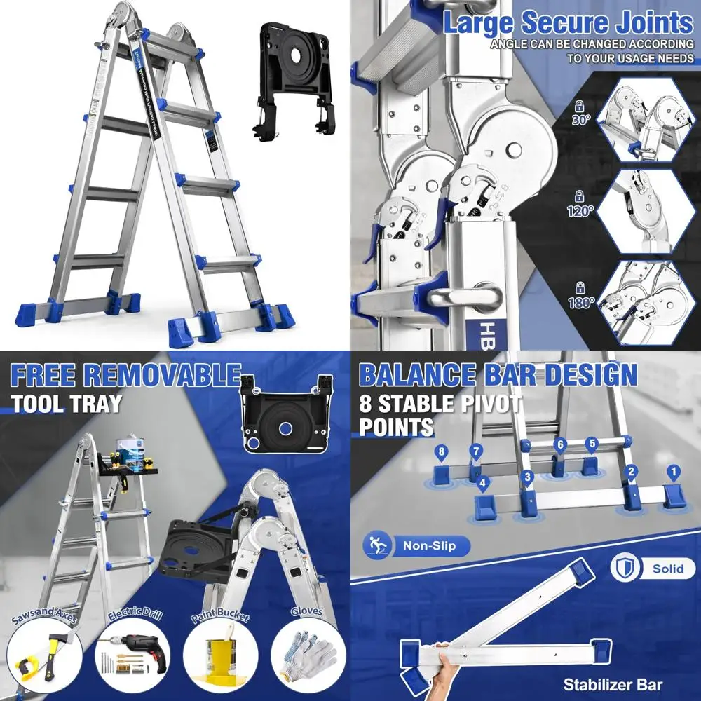 Escada de extensão multiposição de 15 pés com bandeja de ferramentas removível, capacidade de 330 libras, barra estabilizadora incluída, ideal para casa e