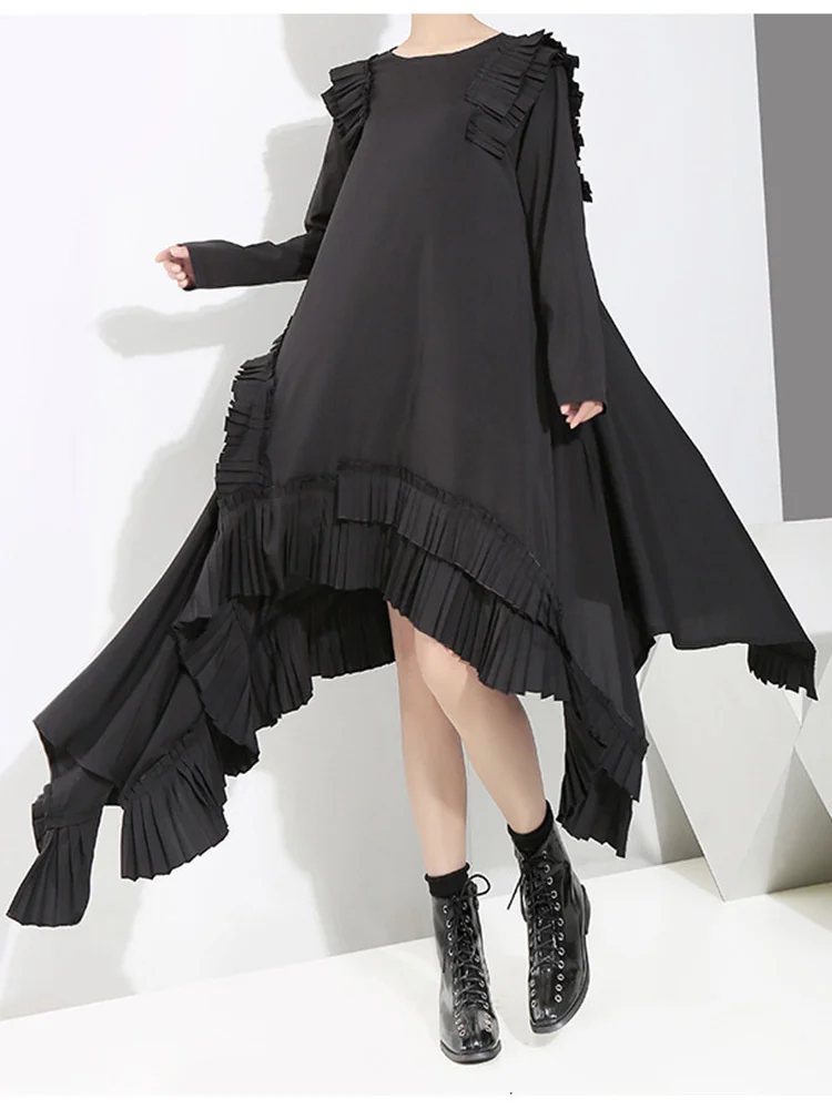 

Women Black Irregular Hem Ruffles Dress New Round Neck Long Sleeve Loose Fit Fashion Tide Spring Autumn 2022