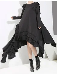 Women Black Irregular Hem Ruffles Dress New Round Neck Long Sleeve Loose Fit Fashion Tide Spring Autumn 2022