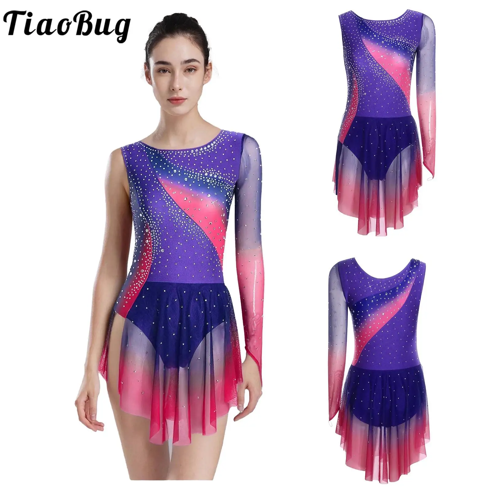 

Женское трико с градиентом для фигурного катания, художественная гимнастика, стразы, боди с нерегулярным сетчатым подолом, балетные танцевальные костюмы