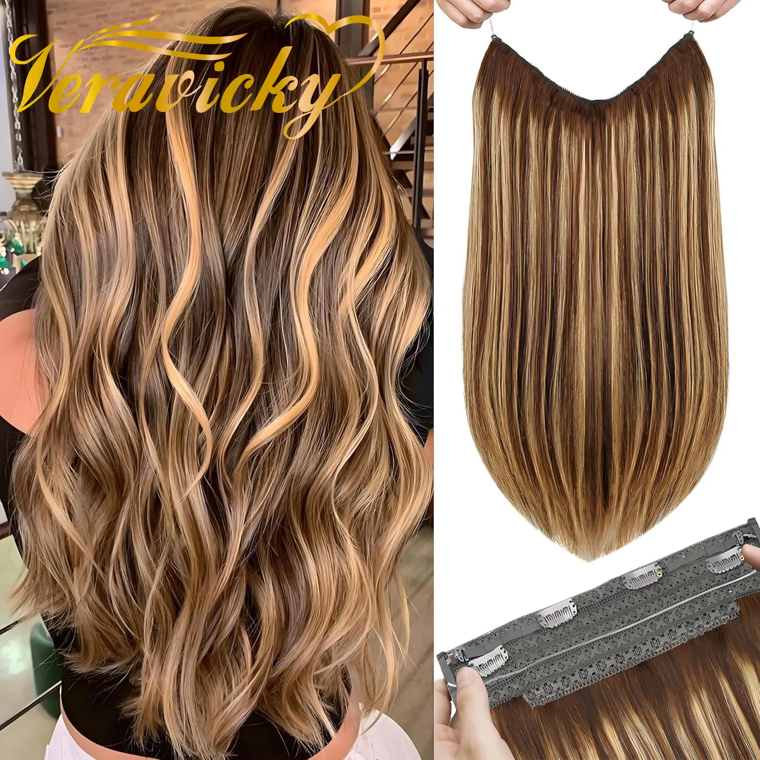 Fish Line One Piece Clips in Hair Extensions Natural Straight 14”-16” 100% Human Hair with Invisible Adjustable Fish wire