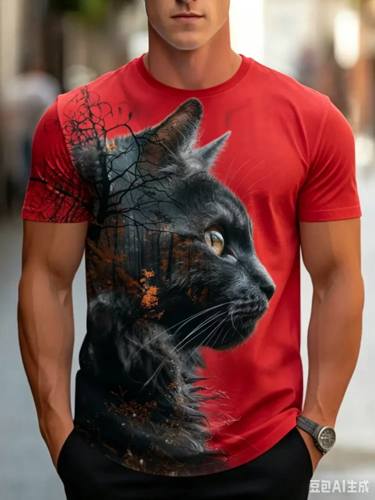 Herren-T-Shirt mit Naturmotiv, schwarzer Katzensilhouette und Herbstbäumen, täglich lässig, kurzärmelig, Sommer-Oberteil mit Rundhalsausschnitt