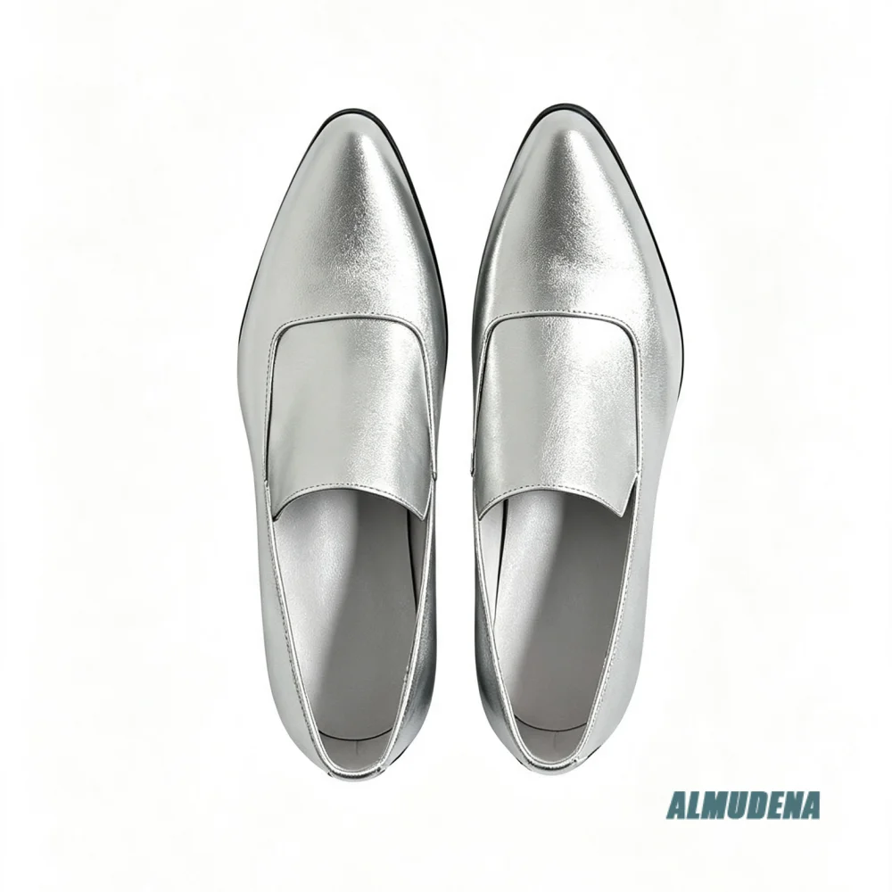 Street Style Men Pointed Toe Slip On Loafers Metallic Silver Genuine Leather Block Heel Outdoor Trendy Party Formal Dress Shoes