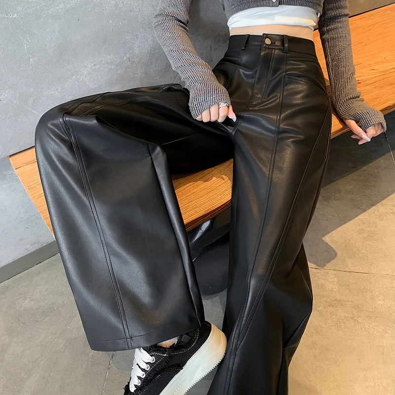 Matte PU Leather Wide Leg Pants Women's Loose Fitting Floor Length Straight Cut Retro Casual Drapey Trousers Coffee Color Hig...