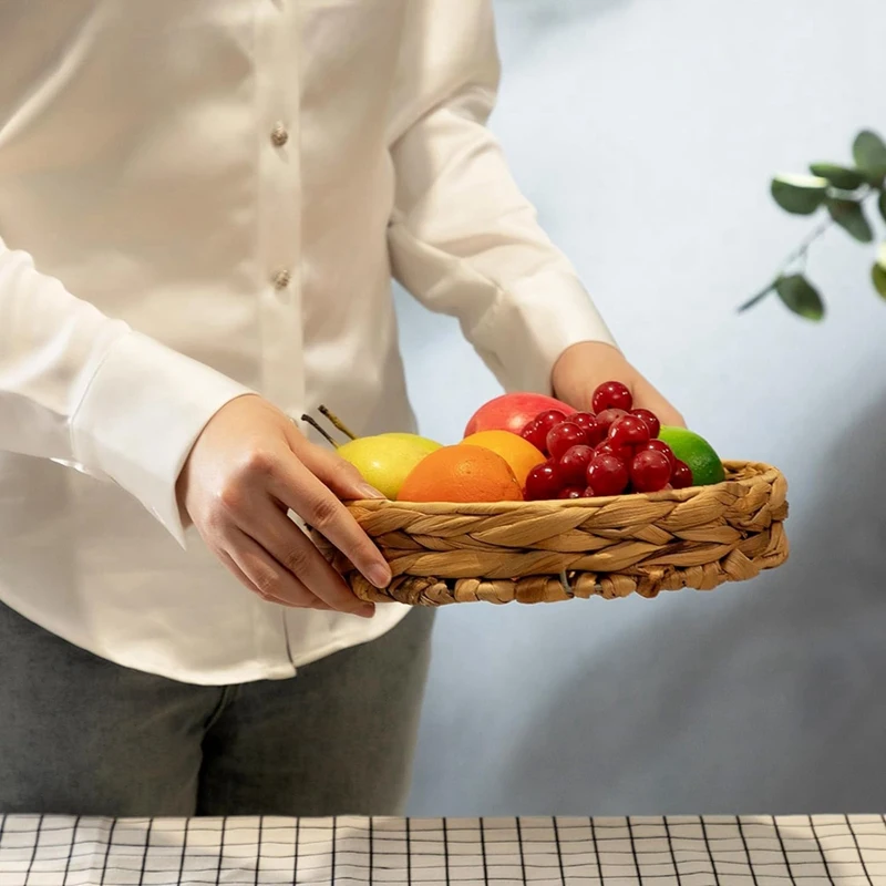 BMBY-Round Wicker Baskets,Hand Woven Tray Storage Baskets Natural Water Hyacinth Small Basket for Fruit Kitchen Table