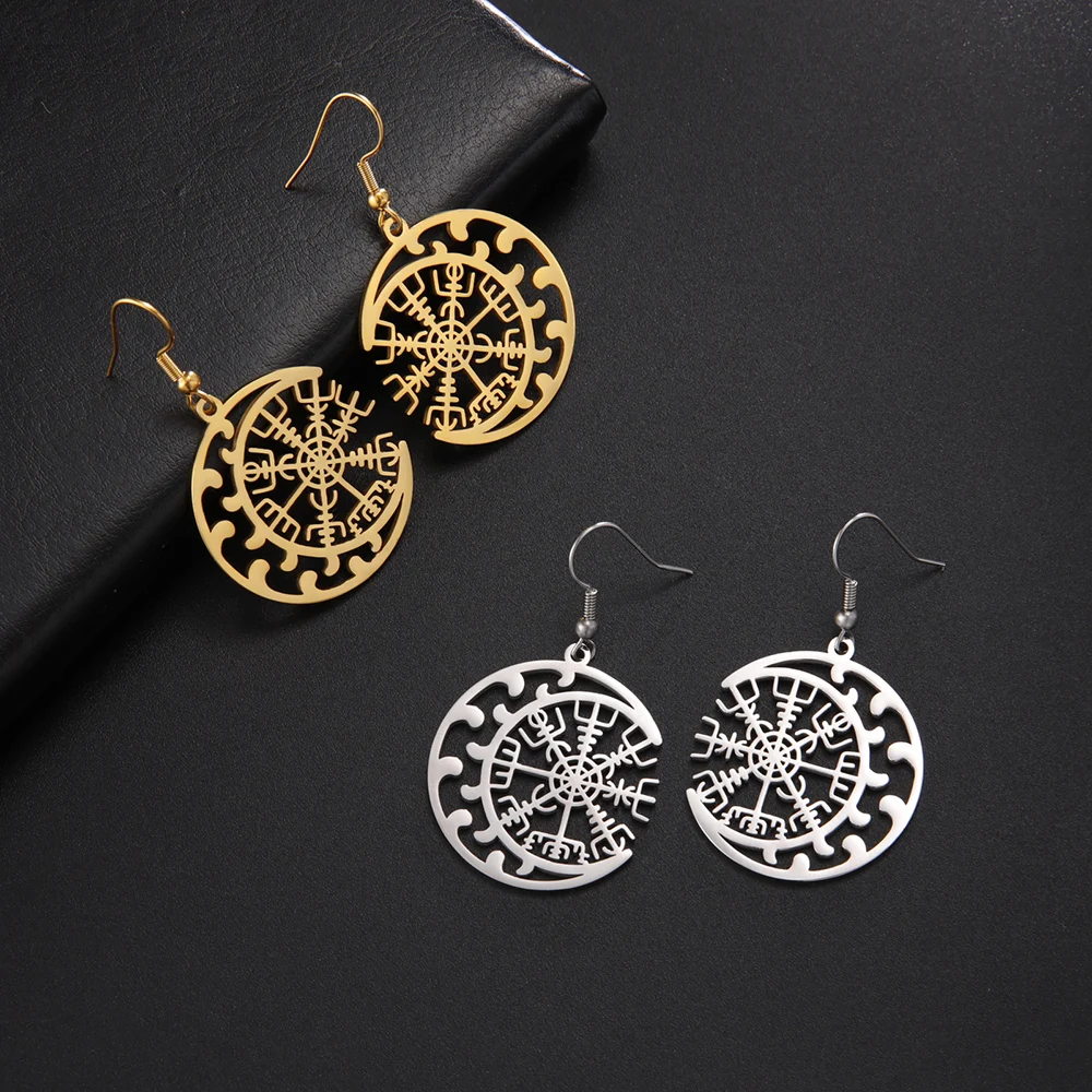 Dawapara Norse Compass Vegvisir Dangle Earrings Crescent Moon Protection Scandinavian Amulet Stainless Steel Jewelry