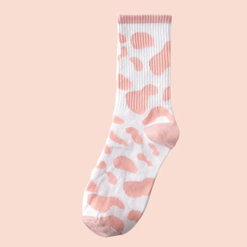 3/6 Pairs Mid-tube Socks ins Trendy Cow Spots Pink College Style Japanese Korean High-tube Black and White Cotton Women's Socks