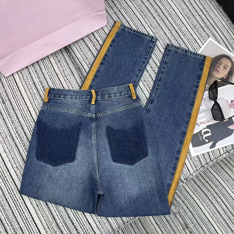 

Vintage countercolor deerskin fleece edge letter patch pocket jeans 2024 summer women's new fashion all-match straight pants