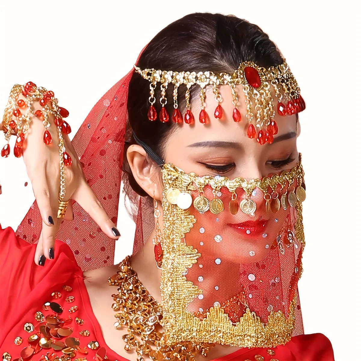 Women\'s Performance Mask Belly Dance Coin Covering Face Mask Exotic Western Region Style Cosmaly Dance Decoration Props