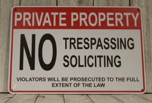 Warning Private Property Tin Metal Sign No Trespassing Soliciting Loitering N