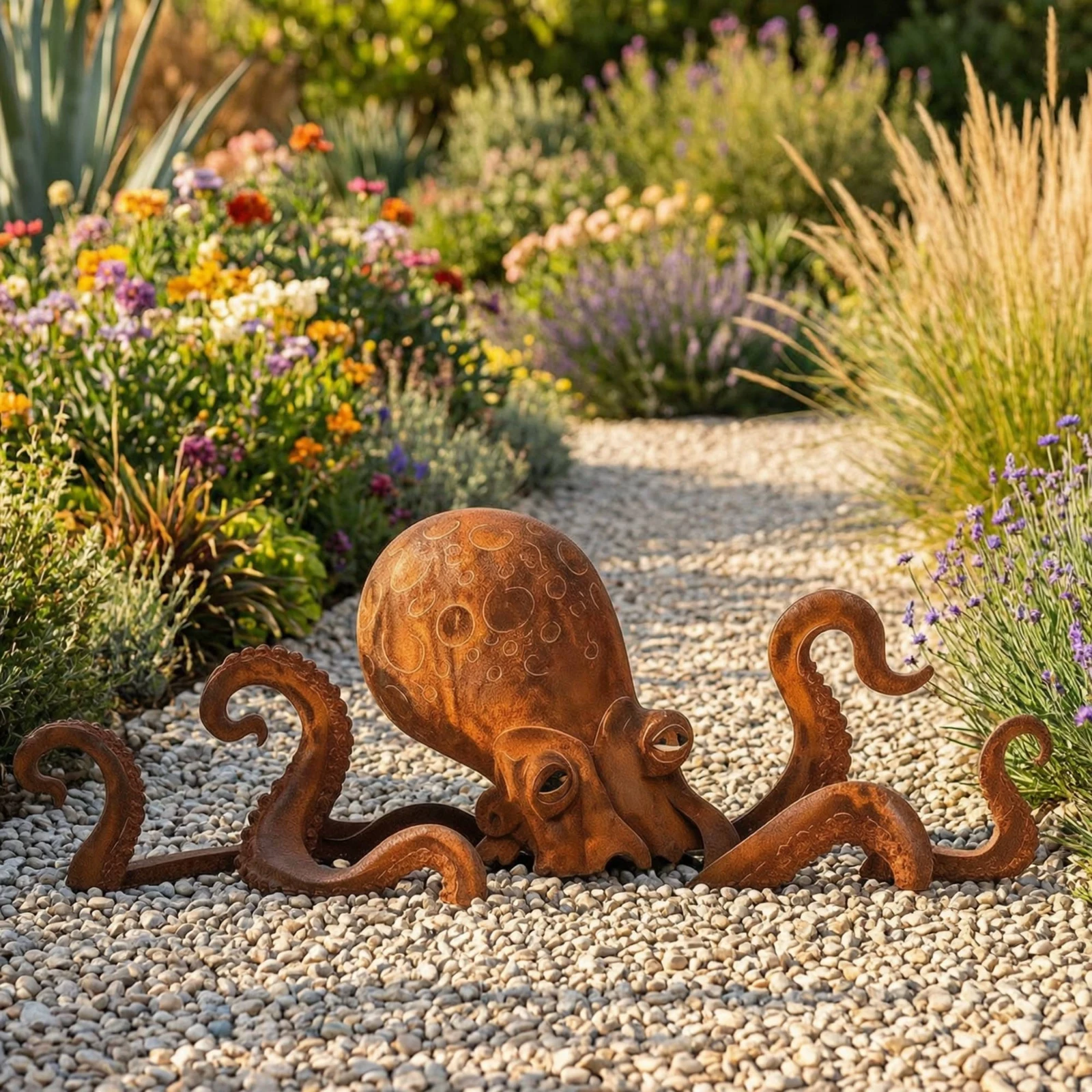 Metal Squid Sculpture Marine Squid Sculpture Steel Garden Statue Rustic Lawn Ornament Dimensional for Gardeners, Flower Bed