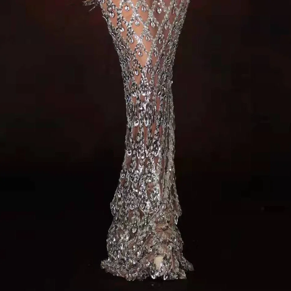 Błyszcząca Sukienka Wieczorowa Bez Rękawów z Cyrkoniami dla Kobiet, Seksowny Strój na Bal, Kryształowe Kostiumy Sceniczne Drag Queen