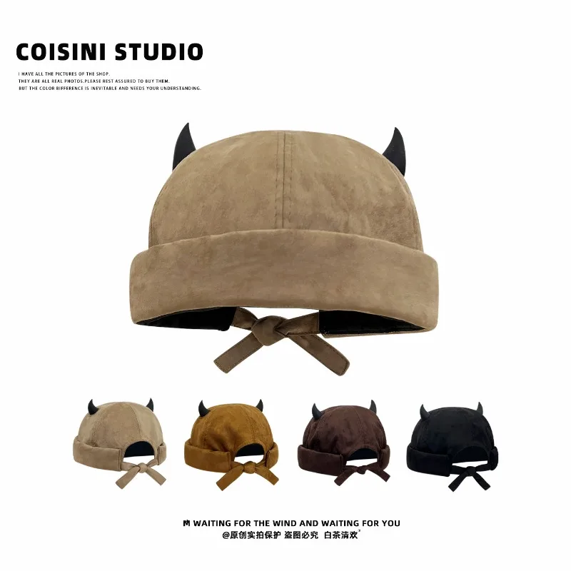 Japanese Retro Suede Little Devil Horn Landlord Hat for Men and Women in Autumn and Winter Niche Trend Hip-hop Melon Skin Cap