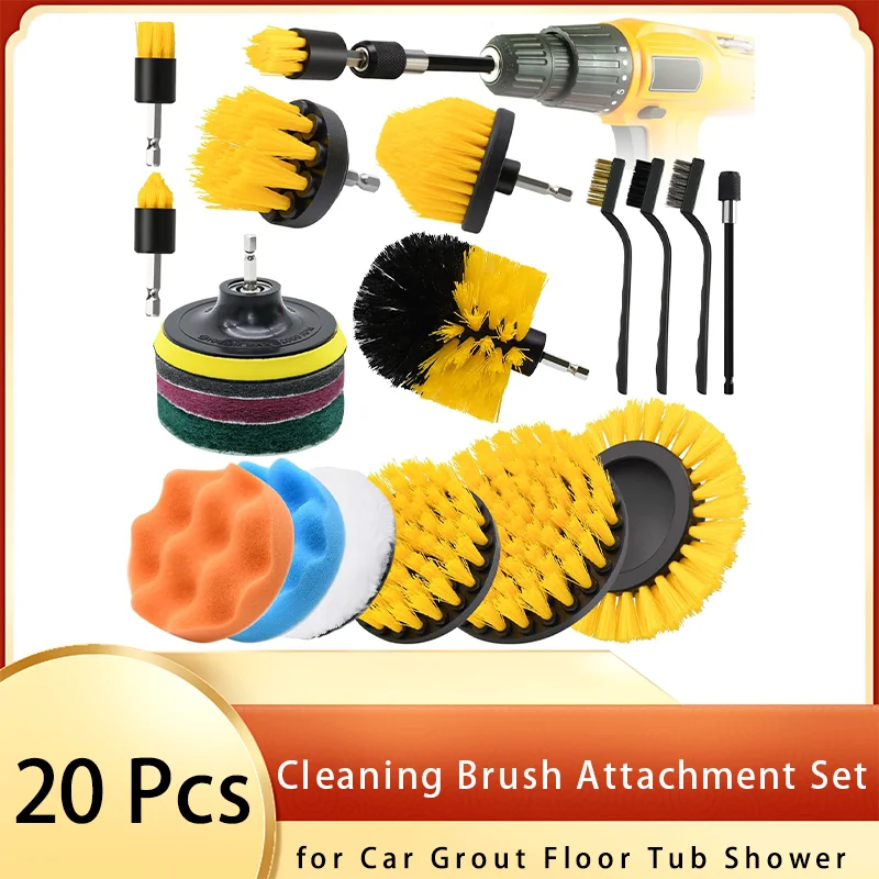 20 Pcs Drill Cleaning Brush Attachment Set with Scouring Pad Polishing Pad for Car Grout Floor Tub Shower Tile Carpet Corner