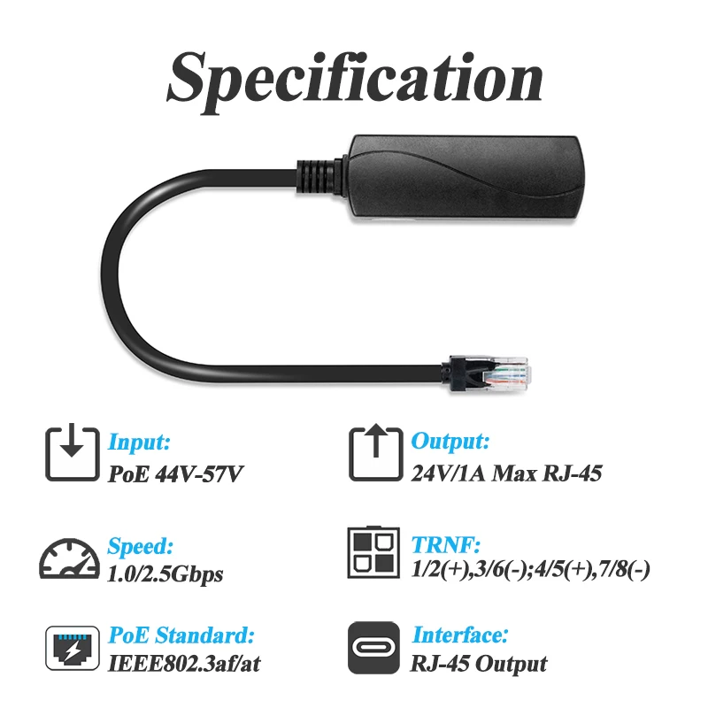 Convertisseur PoE 48V Vers 24V REVODATA - Port RJ45 24V/1A 24W Max, IEEE802.3af/at, Plug And Play Pour Appareils 24V